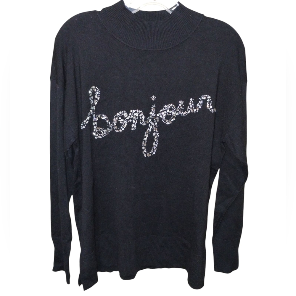 Karl Lagerfeld Black Sweater “bonjour “ in rhinestones size Large